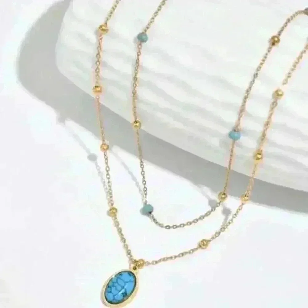 Faux Larimar stone Pendant & feather charm in a Layered 18k Gold Filled …